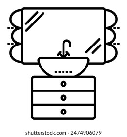 Washbasin, vanity unit and mirror, vector black line illustration, outline monochrome sign, editable stroke, pixel perfect