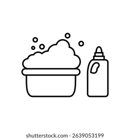 Washbasin vector icon with soap bubbles and liquid detergent or cleaner bottle. Suitable for hygiene, washing, household cleaning, laundry care or cleaning products concept illustration.
