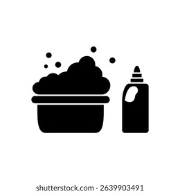 Washbasin vector icon with soap bubbles and liquid detergent or cleaner bottle. Suitable for hygiene, washing, household cleaning, laundry care or cleaning products concept illustration