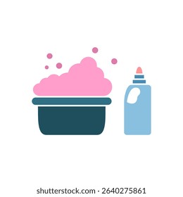 Washbasin vector icon with soap bubbles and liquid detergent or cleaner bottle. Suitable for hygiene, washing, household cleaning, laundry care or cleaning products concept illustration