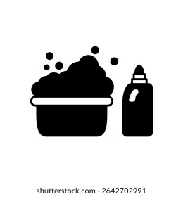 Ícone vetorial lavatório com bolhas de sabão e detergente líquido ou garrafa mais limpa. Adequado para a ilustração do conceito de higiene, lavagem, limpeza doméstica, lavandaria ou produtos de limpeza