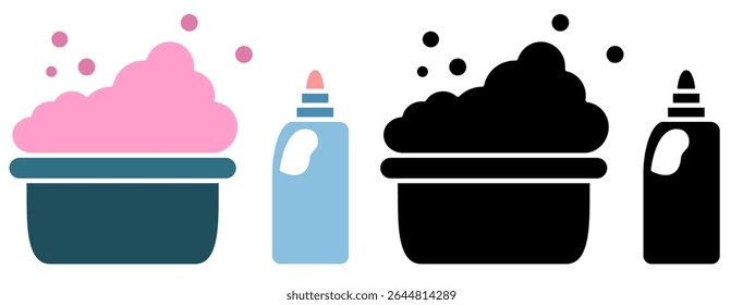 Washbasin vector icon with soap bubbles and liquid detergent or cleaner bottle. Suitable for hygiene, washing, household cleaning, laundry care or cleaning products concept illustration