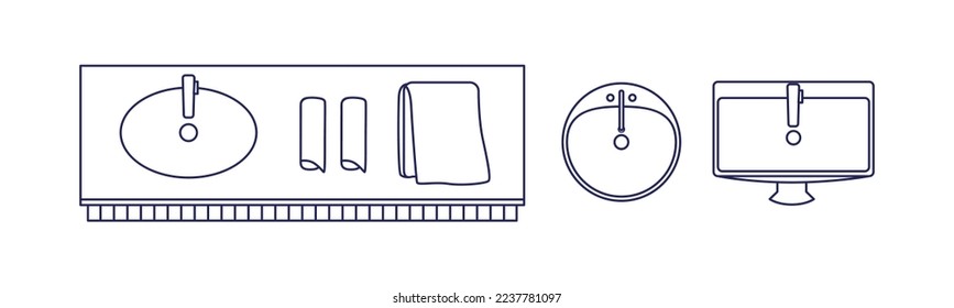 Washbasins set, above top view. Outlined wash basins designs overhead. Sinks with taps, faucets, tabletop for washroom, bathroom. Flat graphic vector illustration isolated on white background