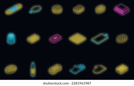 Washcloth icons set. Isometric set of washcloth vector icons neon color on black