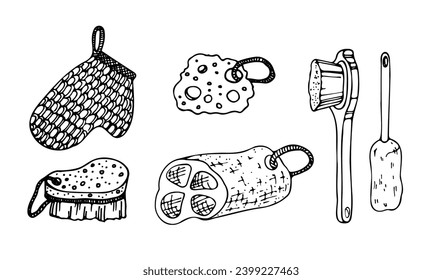 Washcloth. set Detergent for hands and body. Shower sponge. Means for self-care. Vector line art graphics on a white background.