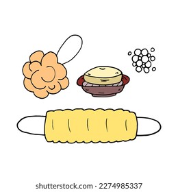 Washcloth and soap with foam. Vector Doodle style bathroom washcloths round and rectangular. Illustration for cover, backdrop, web icon, printing, silhouette, postcards, print, kids game, poster.