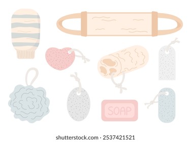 Paños de lavado, esponja de esponja para ducha, baño, masaje, pelado. Pumita. Belleza, cuidados personales, artículos de baño, sauna. Ilustración vectorial plana de dibujos animados. 