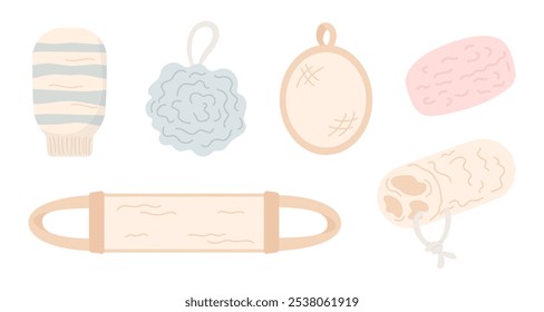 Paños de lavado, esponja de esponja para ducha, baño, masaje, pelado. Belleza, cuidados personales, artículos de baño, sauna. Ilustración vectorial plana de dibujos animados. 