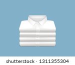 Washed, clean, ironed and folded in stack white shirts 3d realistic vector on blue background. Unisex casual, everyday clothing icon. Housekeeping concept, shopping sale, detergent ad design element