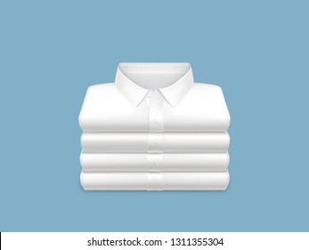 Washed, clean, ironed and folded in stack white shirts 3d realistic vector on blue background. Unisex casual, everyday clothing icon. Housekeeping concept, shopping sale, detergent ad design element