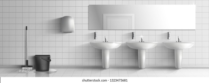 Washed and clean public toilet interior 3d realistic vector. Mop and bucket, row of ceramic sinks with metallic faucets, soap dispensers, hand dryer and long mirror on white tilled wall illustration