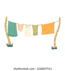 Washed clothes dry outside on a rope stretched between trees. Colorful vector isolated illustration hand drawn. Free life outside the city