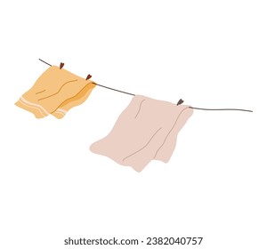 Washed clothes, towels dry outside on stretched rope. Clothing and garment care, housekeeping concept. Professional cleaning of apparel. Drying laundry on clothesline isolated on white background