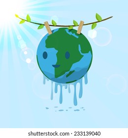 Washed Earth hanging on tree branch  for drying. Vector for save the Earth concept. 