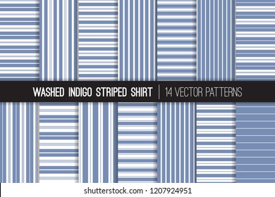 Washed Indigo Striped Shirt Seamless Vector Patterns. Faded Denim Blue and White Stripes Textile Prints. Trendy Fashion. Variable Thickness Lines. Pattern Tile Swatches Included.