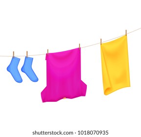 Washed laundry color realistic composition with images of t-shirt towel and socks hanging on clothesline vector illustration