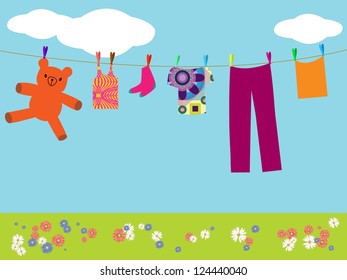 washed laundry hanging out to dry in the yard