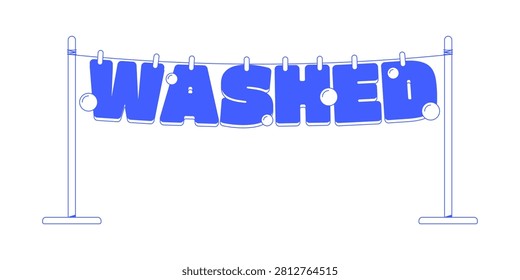 Washed monochromatic blue reaction word. Playful lettering hanging on clothesline with clothespins and soap bubbles. Past ones prime. Internet gen z slang text. Flat 2D illustration isolated