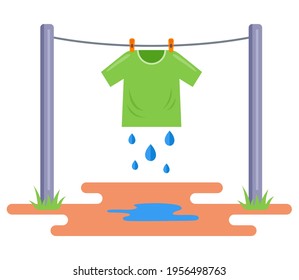 the washed T-shirt is dried in the open air. hang wet clothes on a rope. flat vector illustration isolated on white background.