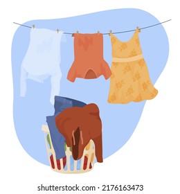 Washed wet linen in basket and hanging on rope vector flat illustration. Clean clothes drying at bathroom or laundry isolated. Homework household chores process domestic routine service