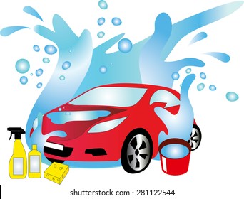 The washed-up car, the car in water flow, detergents for transport, the car on a sink, simply washed up the car, a yellow sponge for washing from cars, chemical means, the car in water,