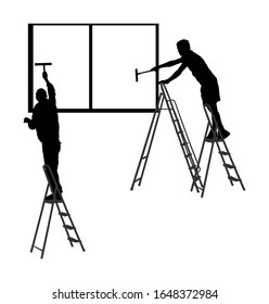 Washer crew workers washing windows on ladders vector silhouette isolated on white background. Window cleaner service working on a glass facade. Laborer on high risk work cleaning glass. Handyman job.