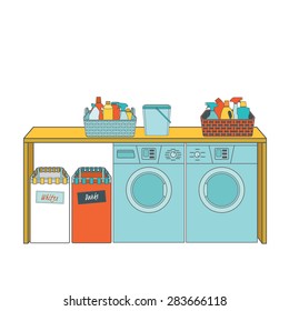 Washer and dryer, a basket with detergent, laundry baskets, container with powder.  Vector easily editable illustration on a white background.