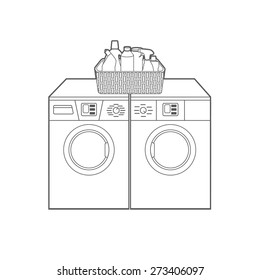 Washer and dryer, a basket of detergents. Vector easily editable illustration on a white background.