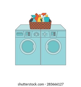 Washer And Dryer, A Basket Of Detergents. Vector Easily Editable Illustration On A White Background.