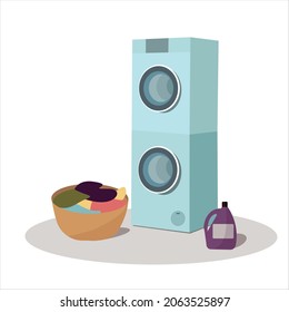 
Washer and dryer. Liquid powder or fabric softener. Basket with clothes.
Flat design elements, minimalist style. Vector illustration.