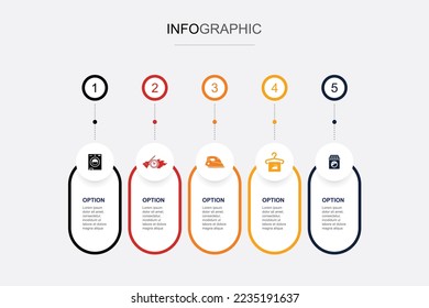Washer, express cleaning, ironing, dry cleaning, laundry shop icons Infographic design template. Creative concept with 5 steps