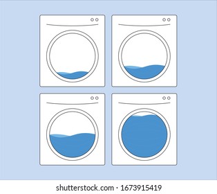 washer filled with water illustration set.  process, machine, drain Vector drawing. Hand drawn style.