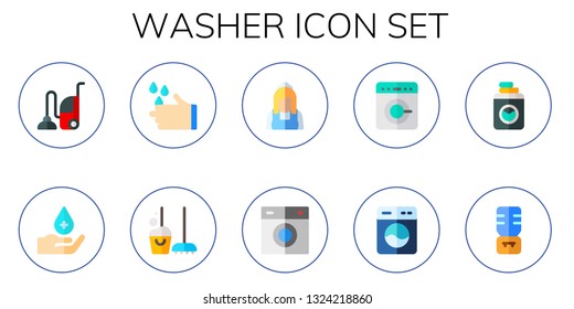 washer icon set. 10 flat washer icons.  Collection Of - vacuum, wash, clean, maid, washing machine, water machine