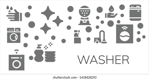washer icon set. 11 filled washer icons.  Collection Of - Wash, Clean, Laundry, Cleaning spray, Washing machine, Vacuum cleaner, Machine, Dishwasher