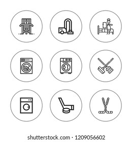 Washer icon set. collection of 9 outline washer icons with cleaning, maid, hockey, machine, washing machine icons. editable icons.