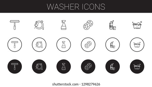 washer icons set. Collection of washer with window cleaner, dishwashing, sponge, detergent, washing. Editable and scalable washer icons.