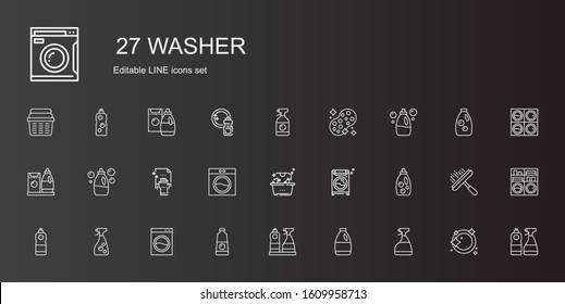 washer icons set. Collection of washer with window cleaner, detergent, washing machine, laundry, cleaning, sponge, dishwashing, washing. Editable and scalable washer icons.