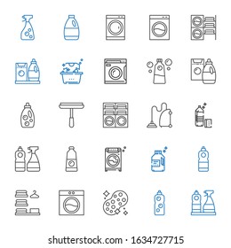 washer icons set. Collection of washer with window cleaner, detergent, sponge, washing machine, laundry, vacuum cleaner. Editable and scalable washer icons.