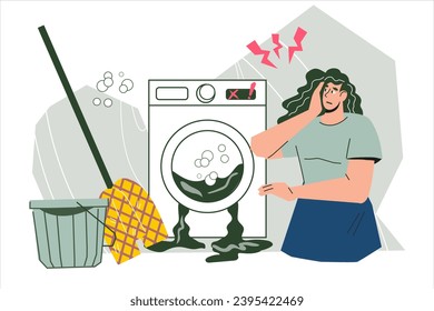 Washer in need of repair and fixing, appliance service banner or poster template. Washer repair services banner backdrop, flat cartoon vector illustration isolated on white background.