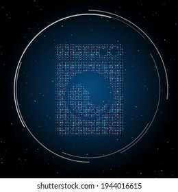 The washer symbol filled with white dots. Pointillism style. Some dots is red. Vector illustration on blue background with stars