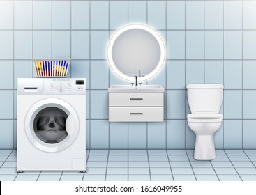 Washer and Washbasin cabinet with circle mirror and toilet. Domestic bathroom and laundry design Interior. White porcelain sink and stand cabinet. Washing Machine in Interior. Vector Illustration