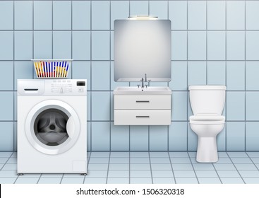 Washer and Washbasin cabinet with mirror and toilet. Domestic bathroom and laundry design Interior. White porcelain sink and wooden stand cabinet. Washing Machine in Iterior. Vector Illustration