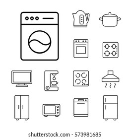 washer washing machine laundry household appliance icons set line black on white background