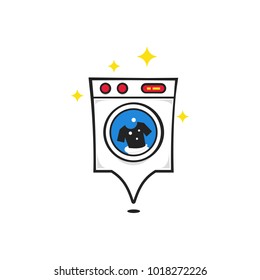 Washer or washing machine pin location spot logo with tornado tshirt in shining carton style on white background