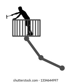 Washer washing windows of modern skyscraper vector silhouette illustration isolated on white background. Window cleaner working on a glass facade in a crane. Worker on high risk work cleaning glass.