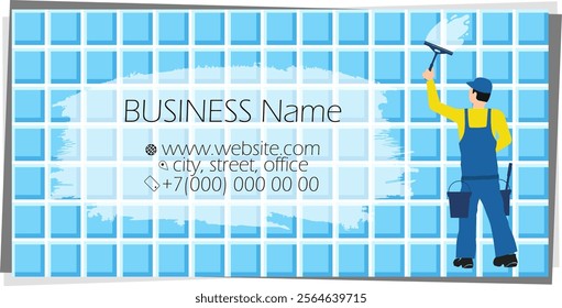 Washer worker washes window, business card for cleaning