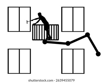 Washer worker washing windows of skyscraper building vector silhouette illustration isolated. Window cleaner working glass facade in crane lift basket platform. Risk job laborer work cleaning glass.