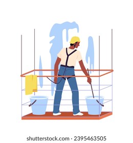 Washer worker of window cleaning service hanging high on rope platform to wash glass facade and wall of building vector illustration. Cartoon isolated professional industrial climber in helmet