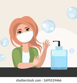 washes hands with antimeptic. a large bottle of the toilet bowl, a cleanser, against germs and viruses. vector illustration