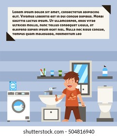 Washes himself in morning. Bathroom. Not enough sleep, tired, little power. Brush your teeth, start to the day. Vector illustration